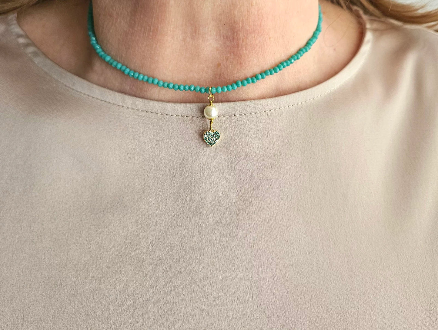 Choker Pietre Perla e Cuore Strass - verde Tiffany