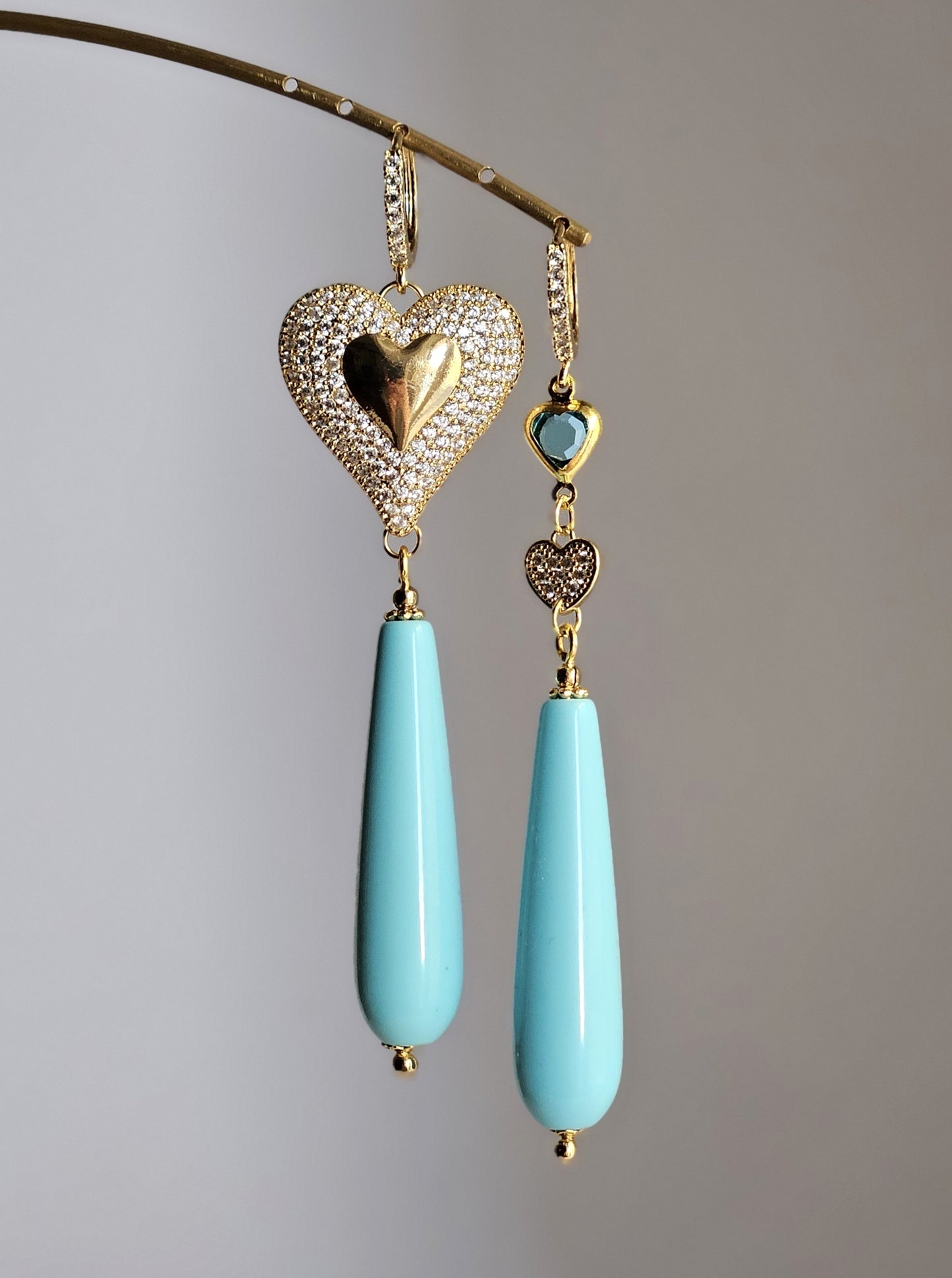Orecchini cuore strass e gocce turchesi
