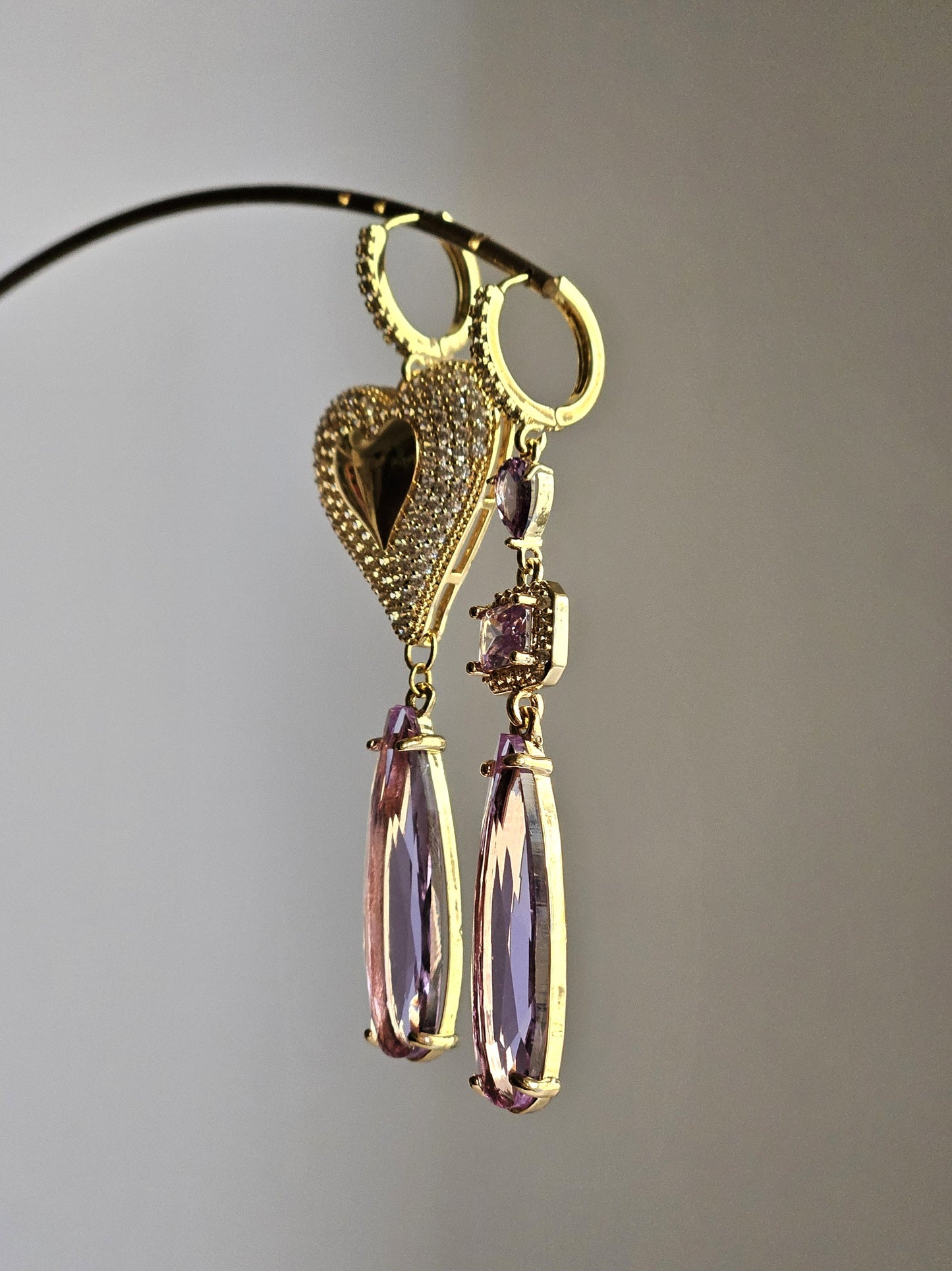 Orecchini cuore grande strass e glicine