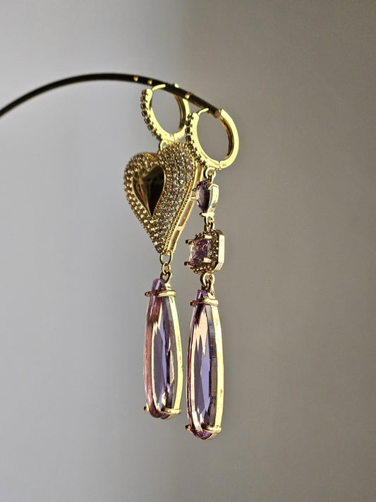 Orecchini cuore grande strass e glicine