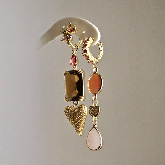 Orecchini Tangerine Marsala e cuori strass - Due in uno -