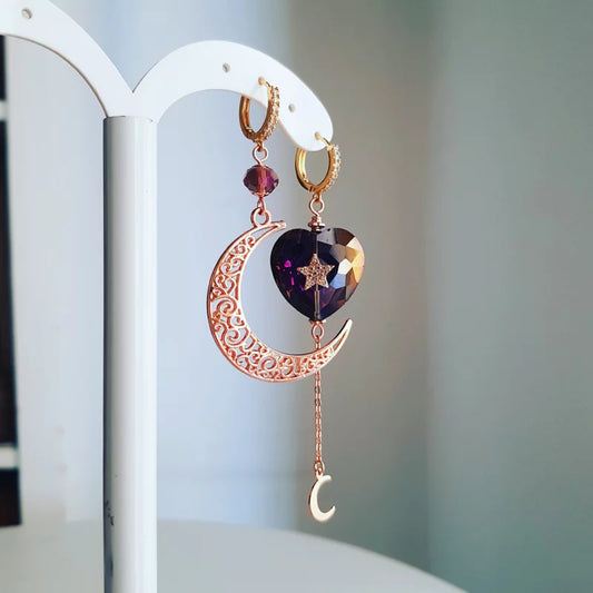 Orecchini Luna e Cuore di Cristallo Viola
