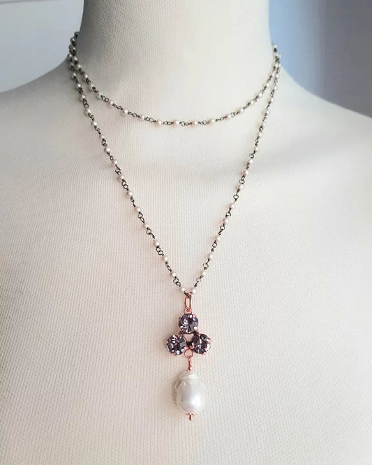 Collana Rosario con Strass Grigi e Perla a Goccia
