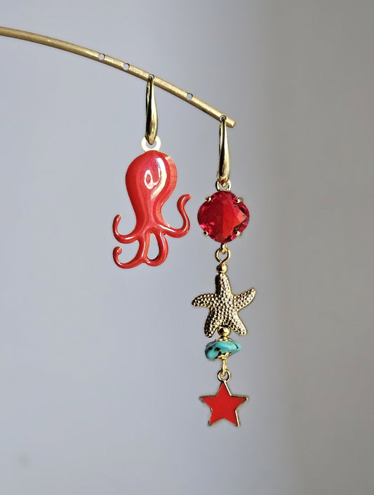 Orecchini polpo e stella in rosso