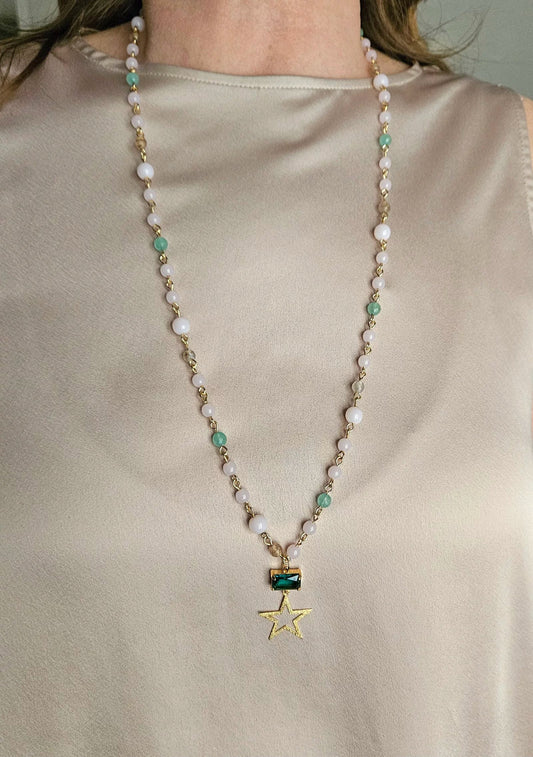 Collana Verde Acqua con Cristallo Smeraldo e Stella Diamantata