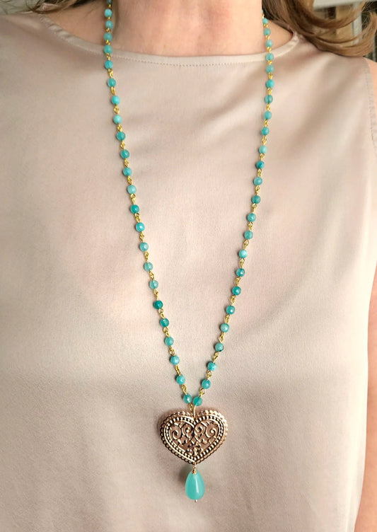 Collana Agata Verde Cuore e Calcedonio