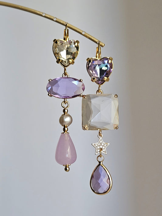 Orecchini cuori strass glicine e trasparente