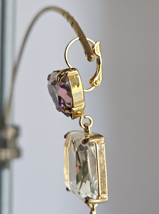 Orecchini cuori strass glicine e trasparente