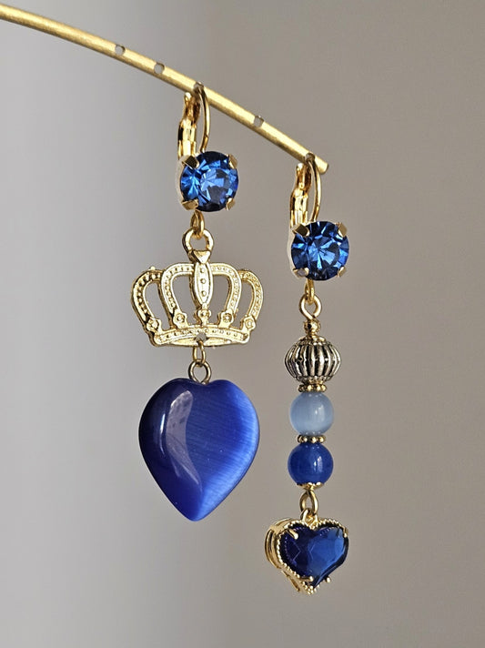 Orecchini corona e cuore blu