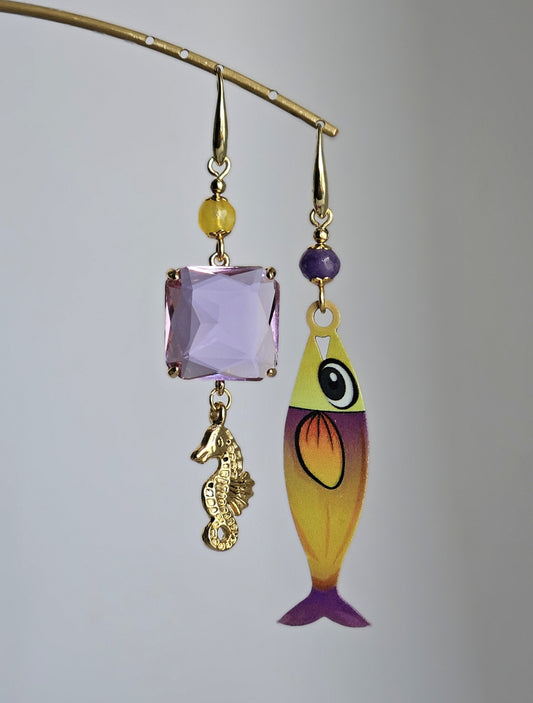 Orecchini pesce viola e giallo limone