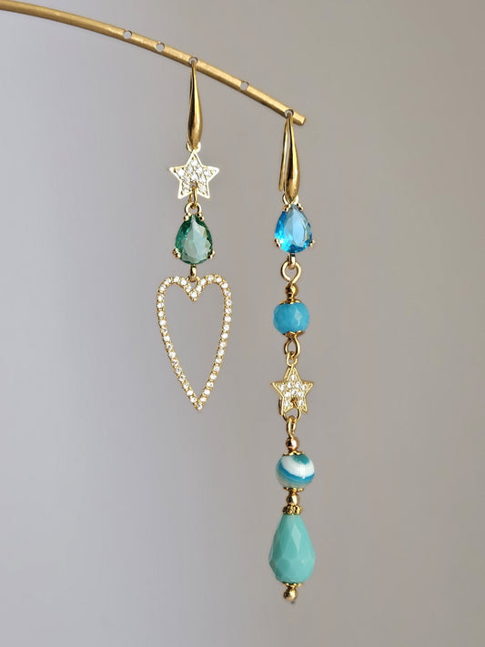 Orecchini cuore strass e verde mare
