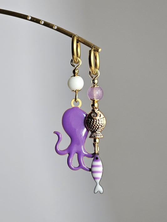 Orecchini polpo viola e pesciolini