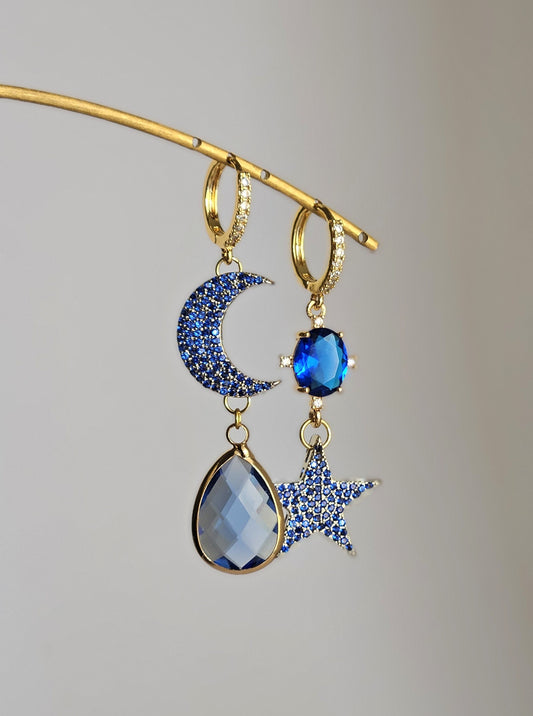 Orecchini stella luna e strass blu