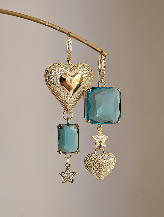 Orecchini turchese e cuori strass
