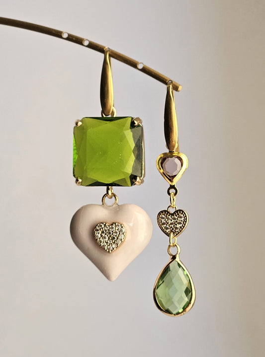 Orecchini cuore rosa cipria e verde