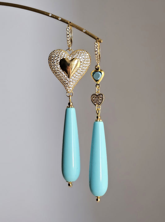 Orecchini cuore strass e gocce turchesi