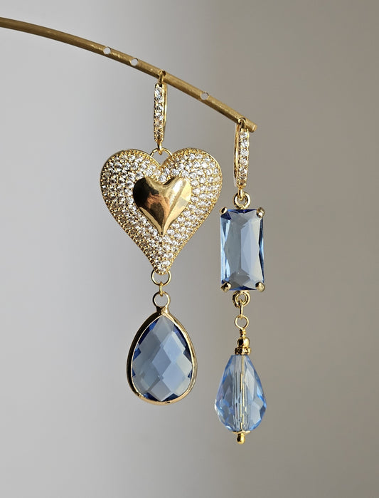 Orecchini cuore strass e acqua azzurra