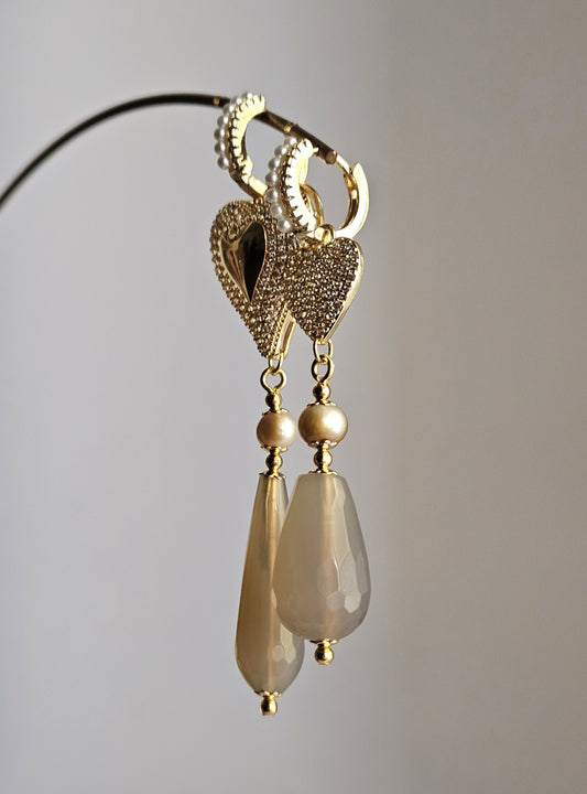 Orecchini cuori strass e agata fango
