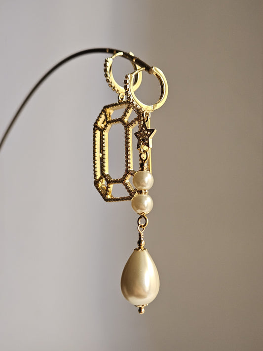 Orecchini ottagono strass e perle