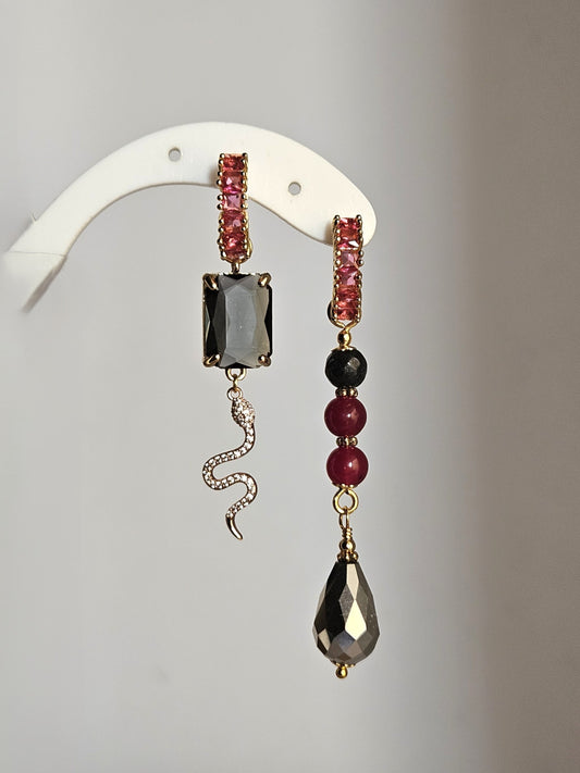 Orecchini snake amaranto e grigio - Doppio utilizzo -