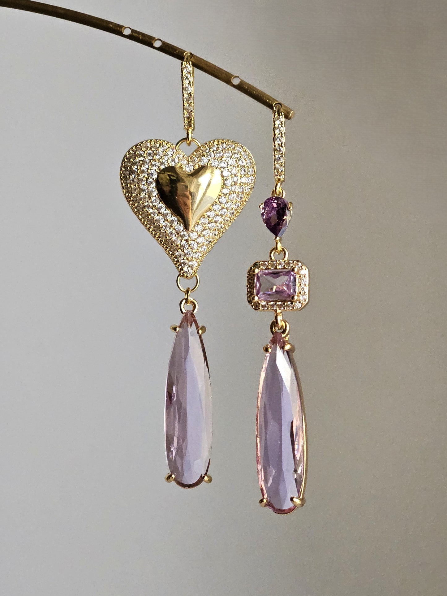 Orecchini cuore grande strass e glicine