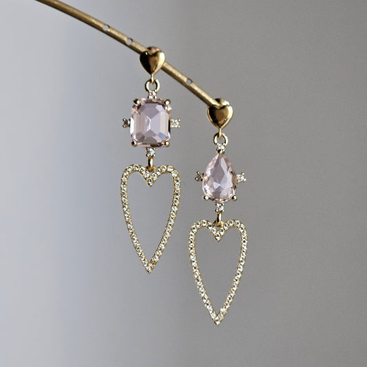 Orecchini cuore filo strass e rosa