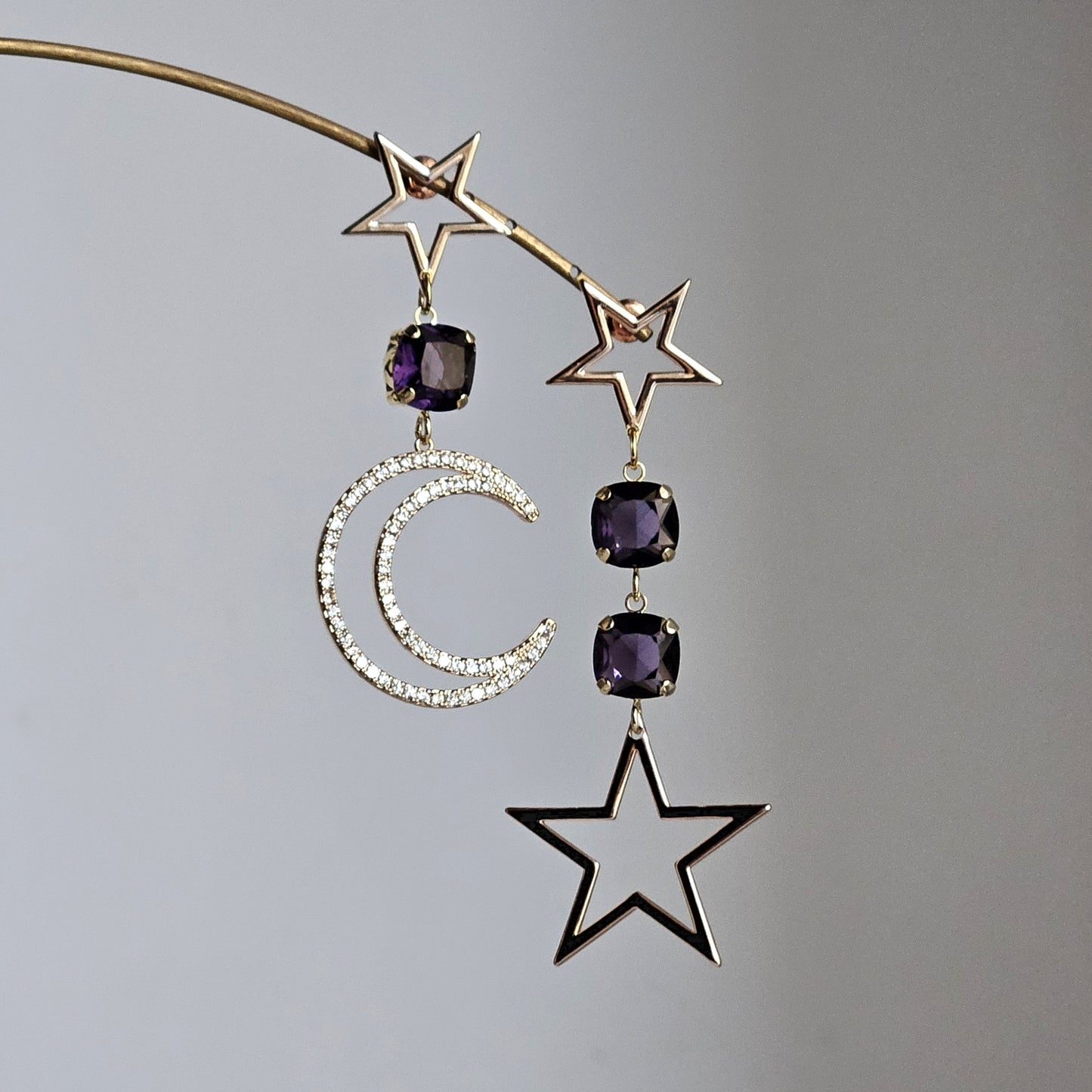 Orecchini stelle luna e strass viola