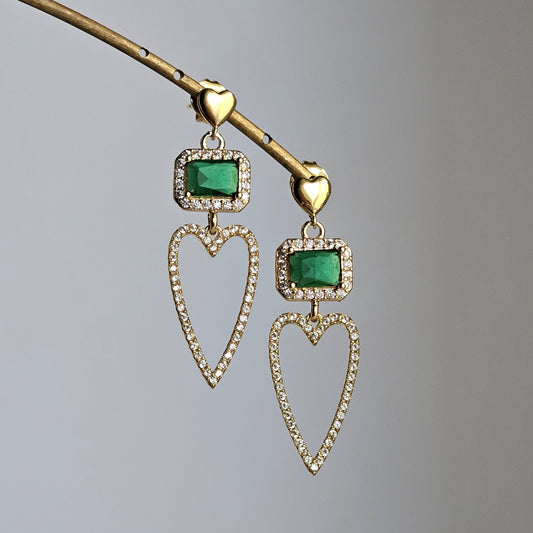 Orecchini cuore filo strass e smeraldo