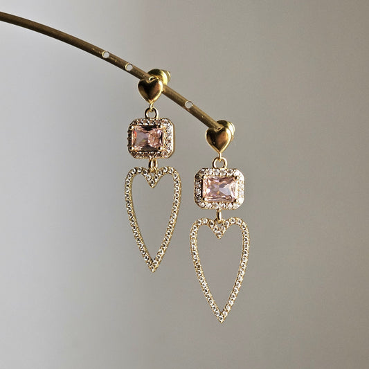 Orecchini cuore filo strass e rosa