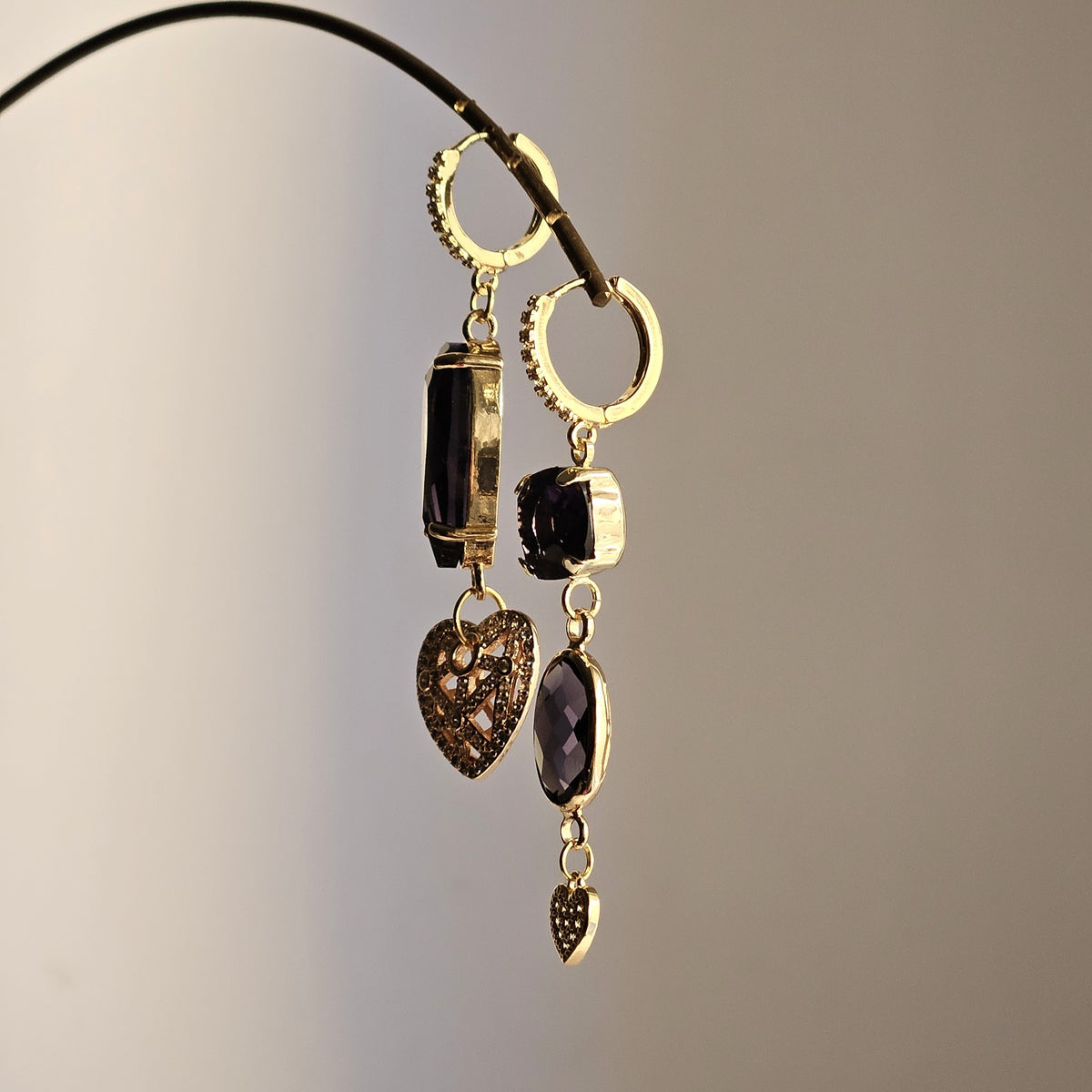 Orecchini cuori strass e viola