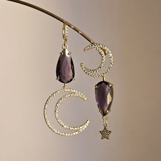 Orecchini lune strass e gocce mirtillo