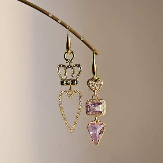 Orecchini cuori strass glicine e corona