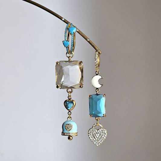 Orecchini strass turchese cuori e bell