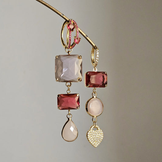 Orecchini strass rosa amaranto e cuori