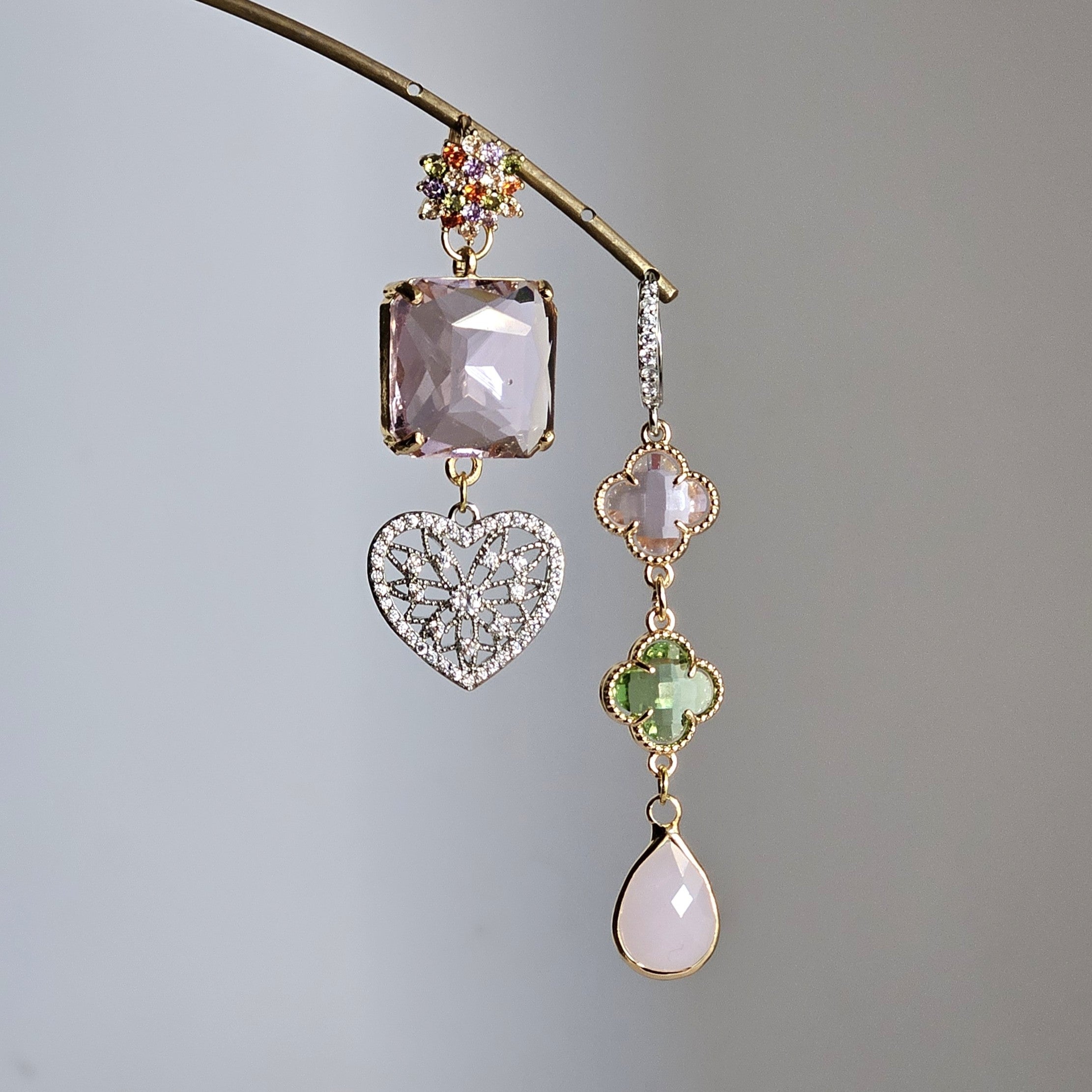Orecchini cuore strass peonia e verde tenero