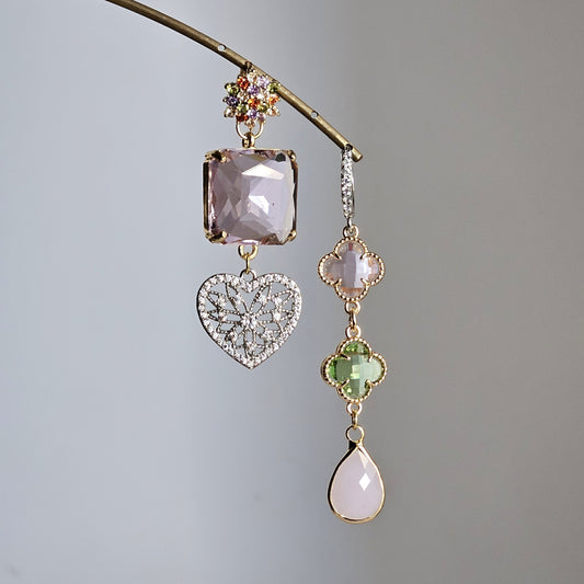 Orecchini cuore strass peonia e verde tenero