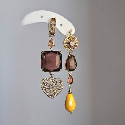 Orecchini vino multi-color e cuore strass -Due in uno-