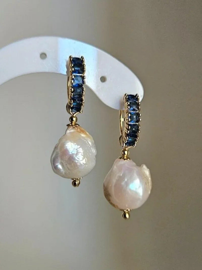 Orecchini fascia strass blu e perle